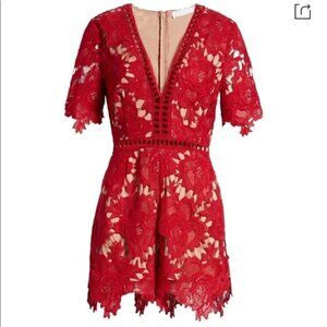 ASTR The Label Red Lace Short Sleeve V-neck Battenberg Mini Jumpsuit Romper sz S